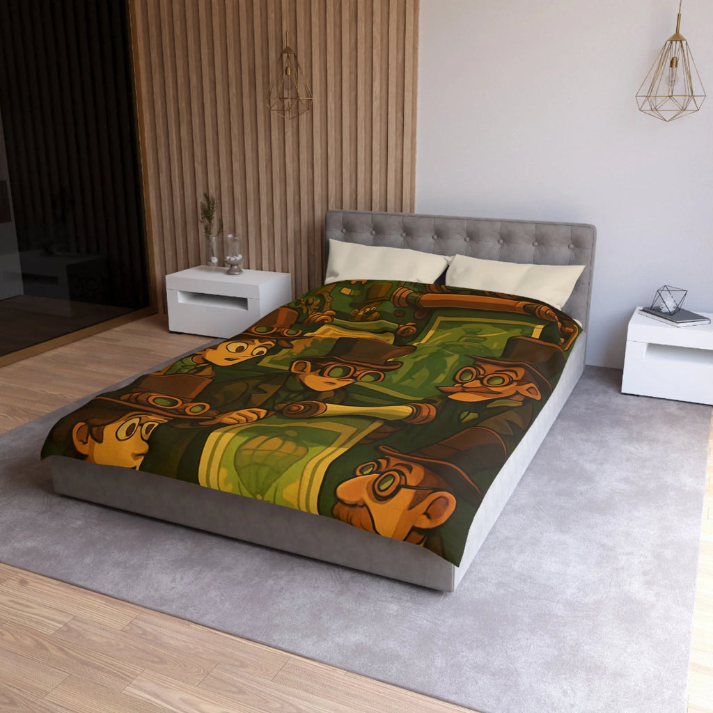 Housse de couette steampunk rétro vintage, illustration de gentlemen en chapeaux et engrenages