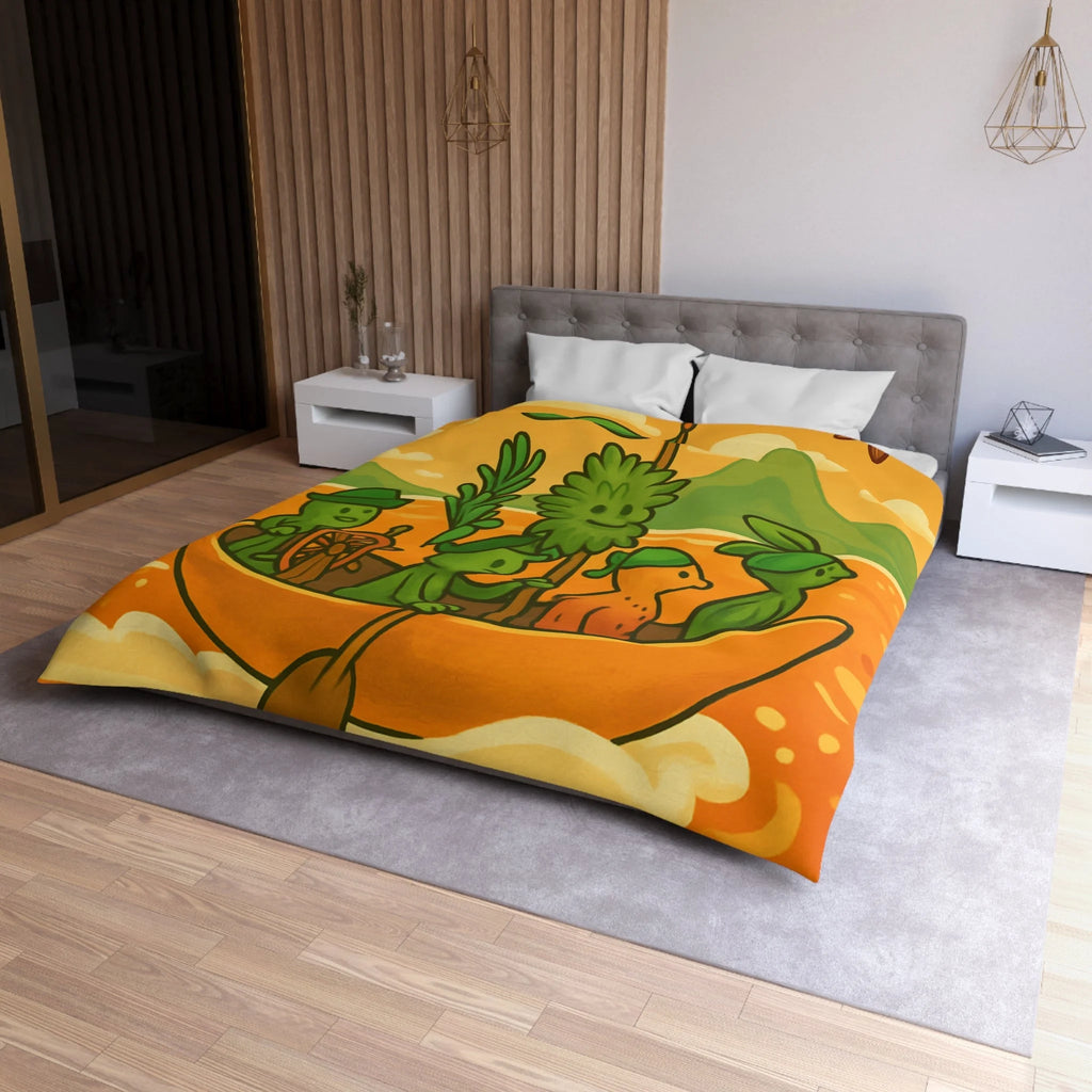 Housse de couette originale avec personnages verts naviguant sur mer orangée ludique