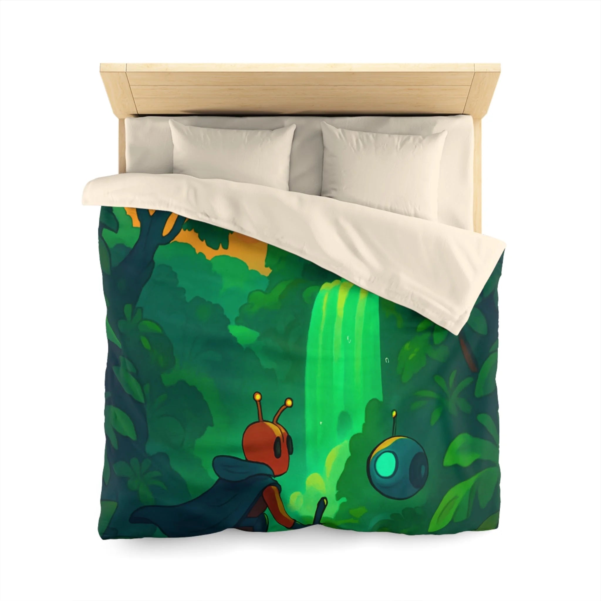 Housse de couette vibrante avec paysage extraterrestre mystérieux et personnage aventurier