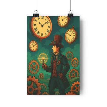 Poster steampunk homme élégant baguette magique horloges mécanismes engrenages fond vert rouge ambiance vintage fantastique salon bureau