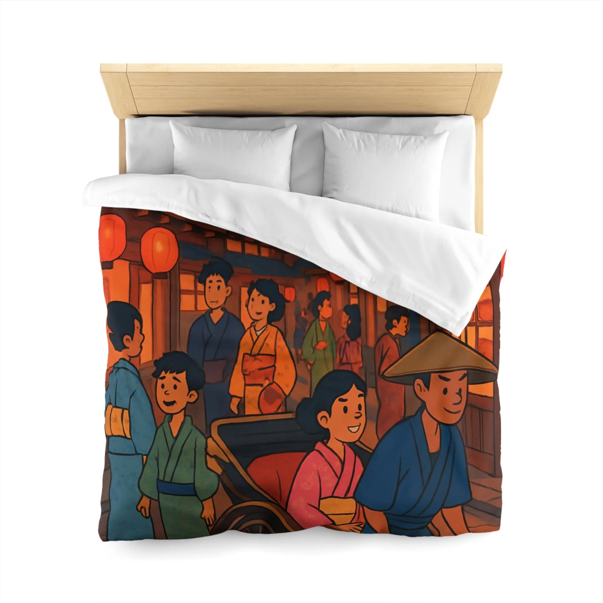 Housse de couette nocturne rouge et jaune avec lanterne et scène japonaise animée