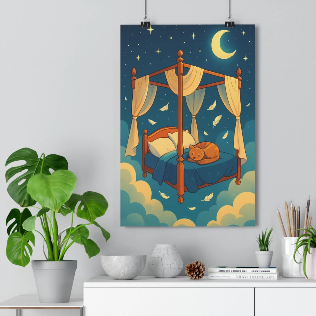 Poster décoratif dessin animé bleu pastel chambre enfant magique ciel étoilé paisible rêveur chat