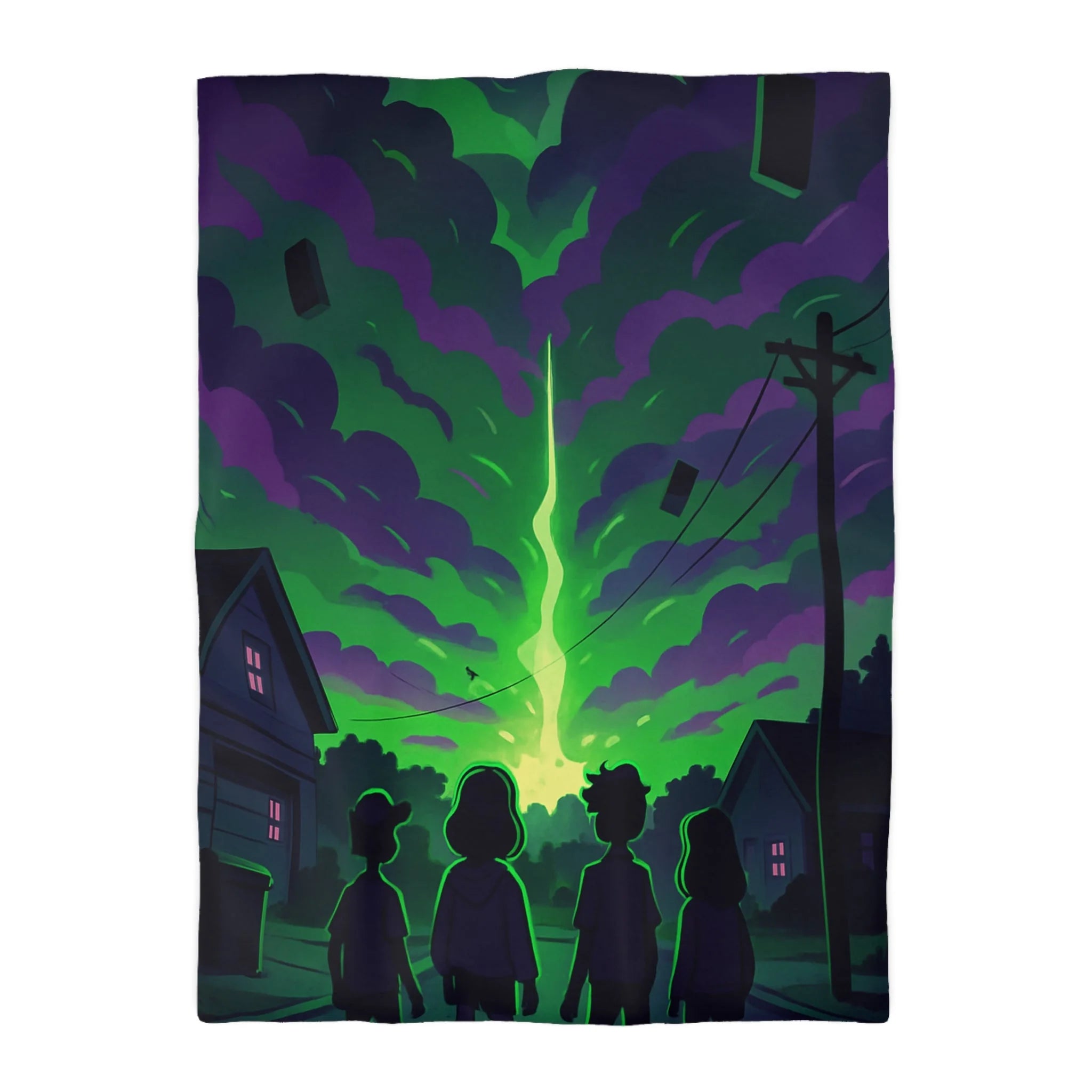 Housse de couette pour chambre avec ciel nocturne mystérieux et silhouettes d'enfants