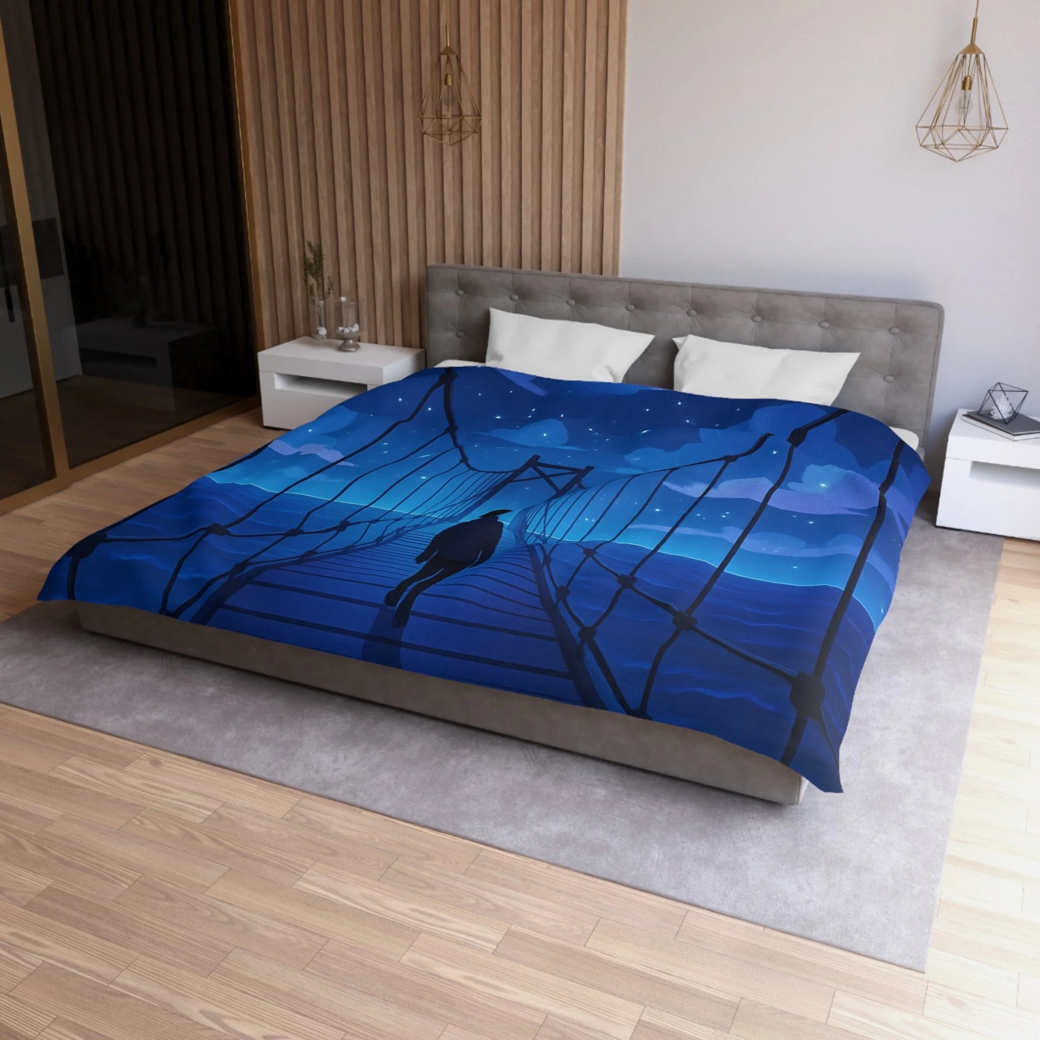Housse de couette pont étoilé avec silhouette sous ciel nocturne bleu profond