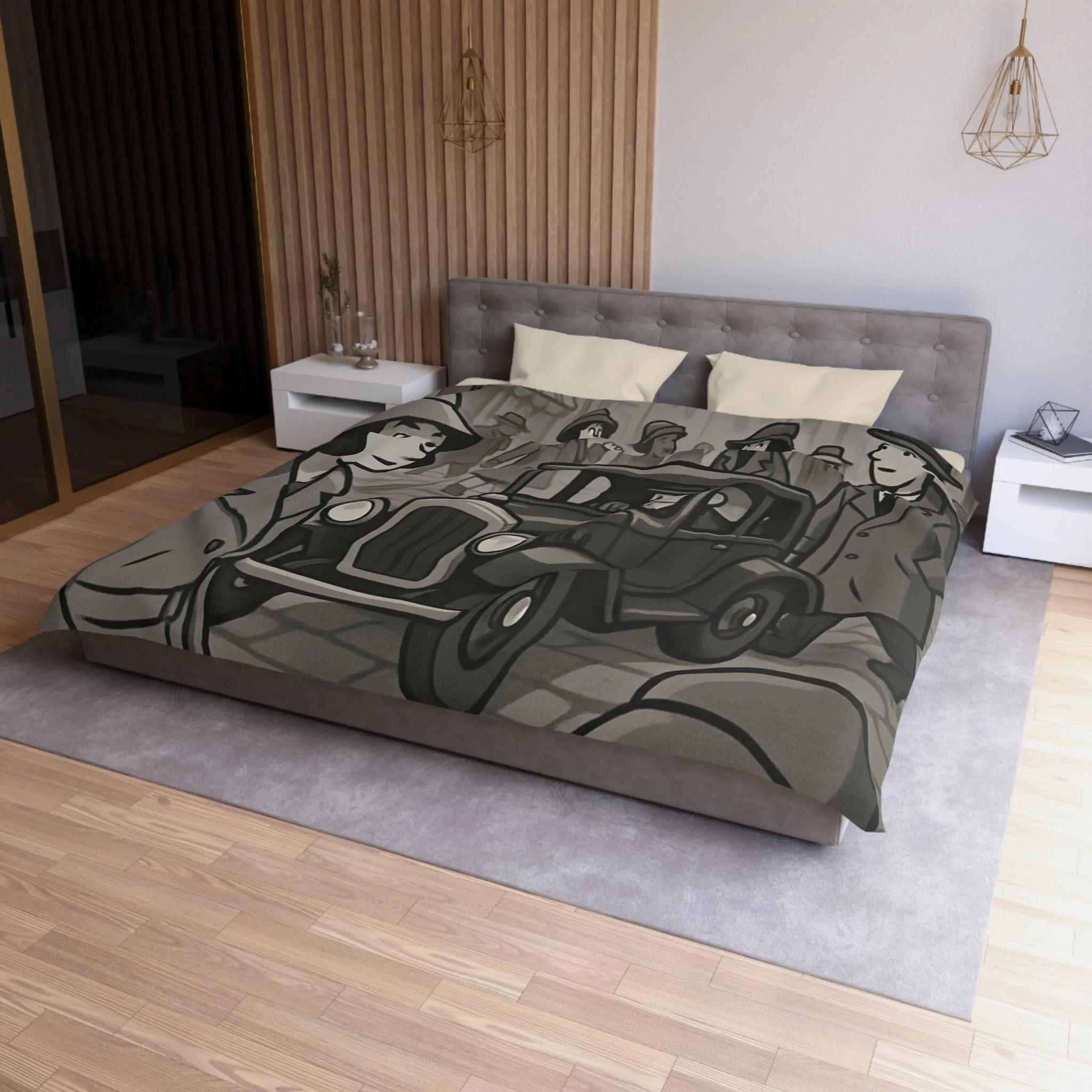 Housse de Couette Vintage avec Rue Animée et Voiture des Années 1930