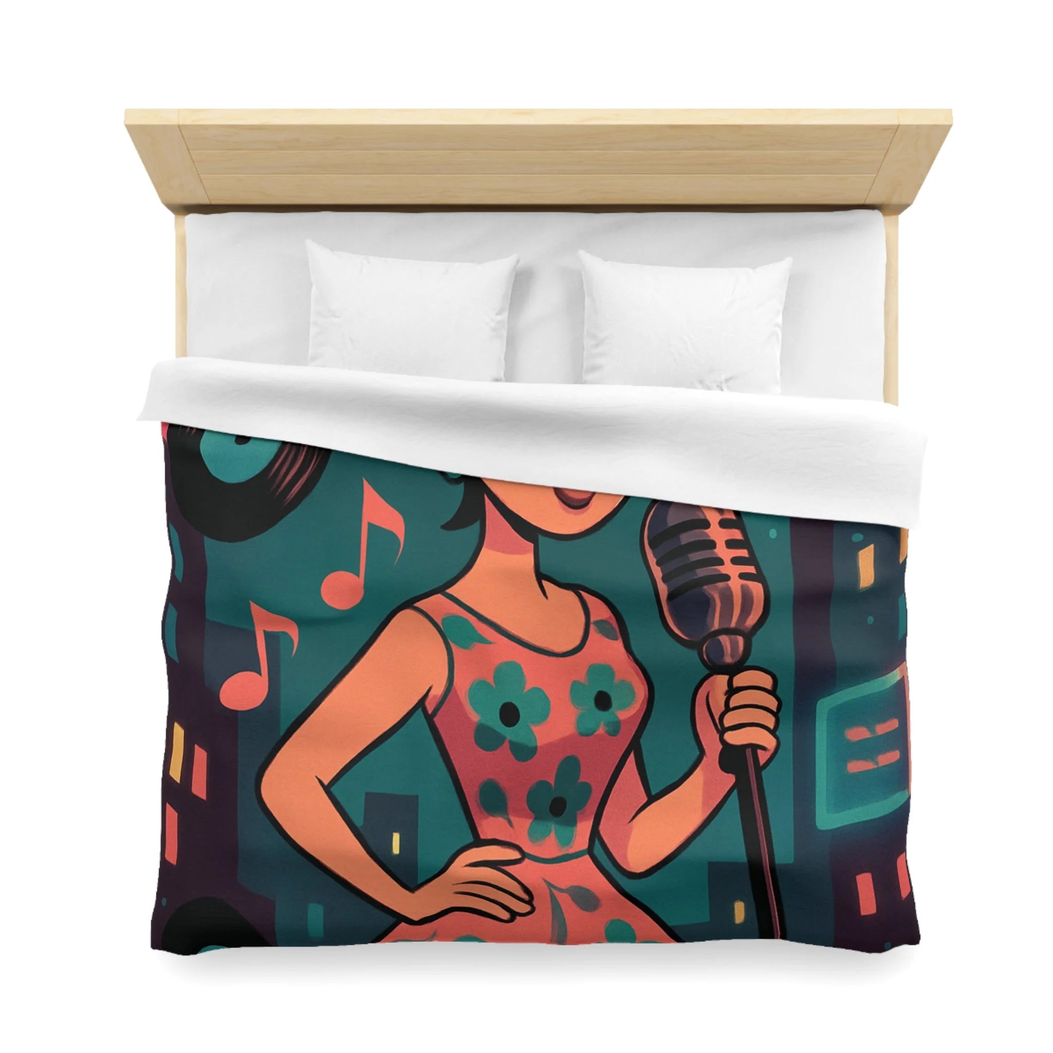 Housse de Couette Vintage Femme en Robe à Fleurs Chante Microphone Musique.