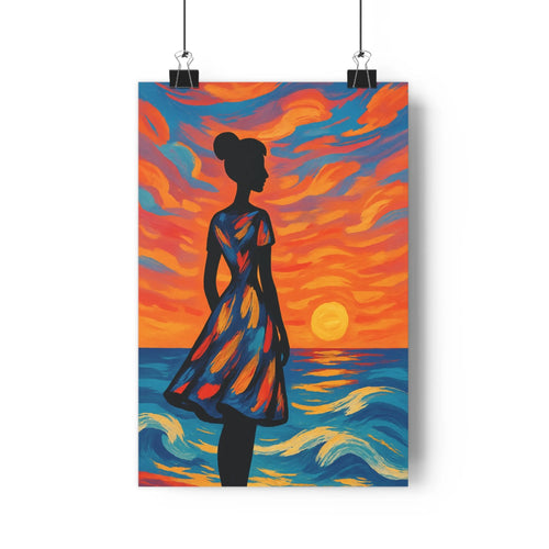 Poster féminine plage nuages colorés soleil mer vagues étagère livres pomme pin bleu rouge orange vibrant moderne salon chambre