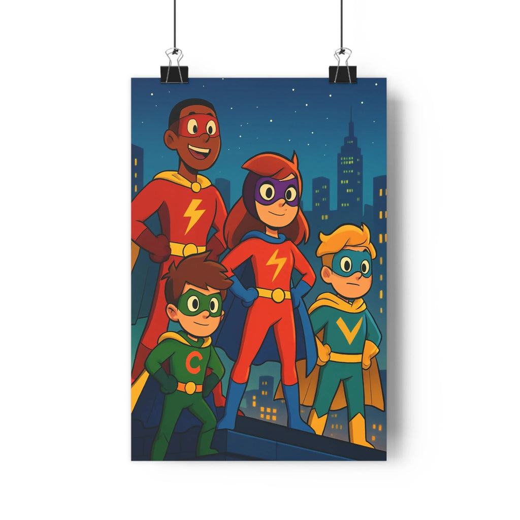 Poster décoratif enfants superhéros cartoon coloré rouge bleu vert aventure chambre joyeux dynamique murale