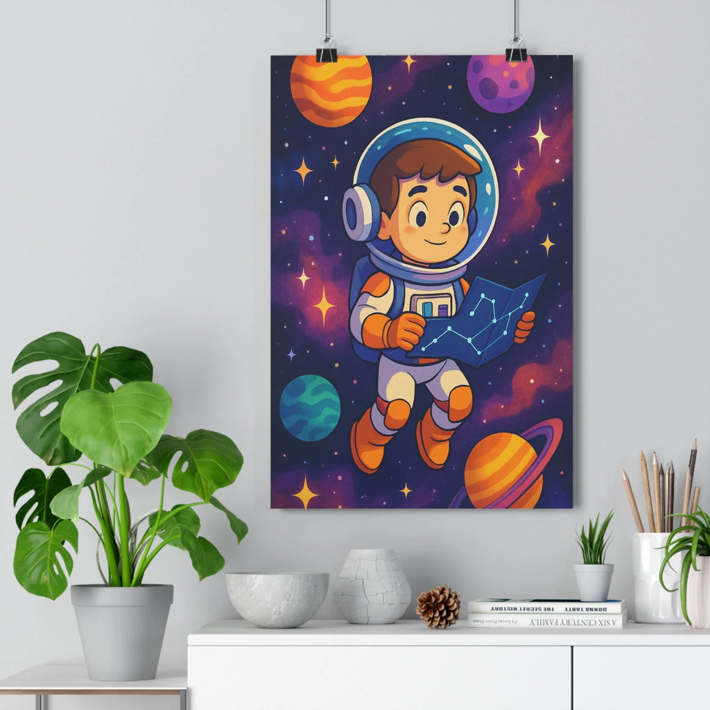 Poster astronaute espace cartes étoilées plantes verte étagère blanche ciel nocturne planètes colorées anneaux saturne étoiles scintillantes contours nets expressions