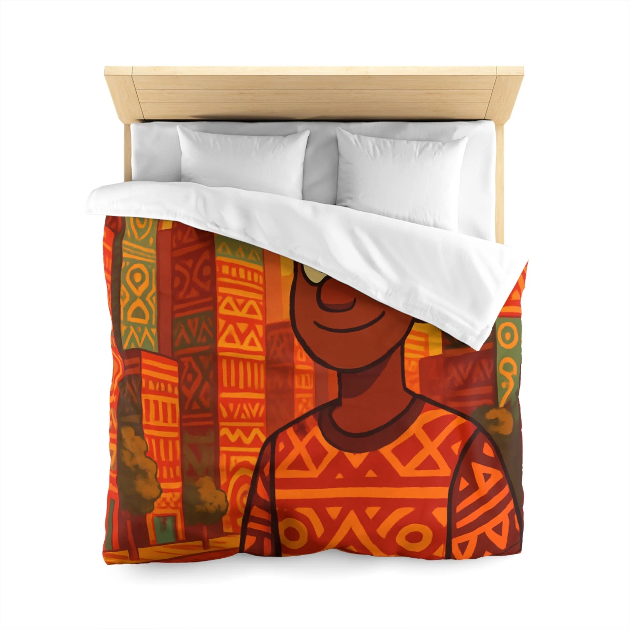 Housse de Couette Personnage Souriant avec Motifs Géométriques et Gratte-Ciel Colorés