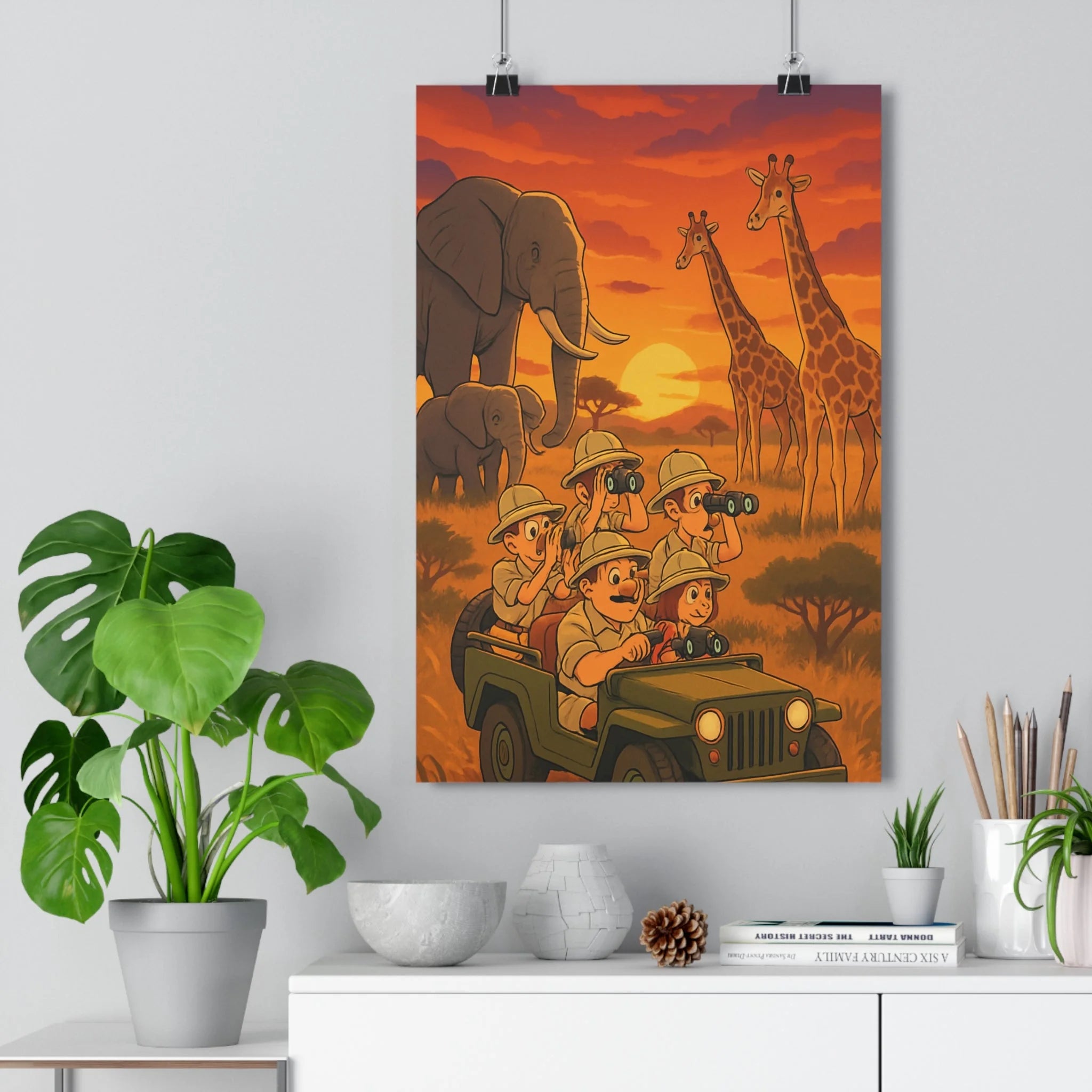 Poster décoratif cartoon safari aventure africain coucher soleil vibrant coloré exploration faune chambre tendance