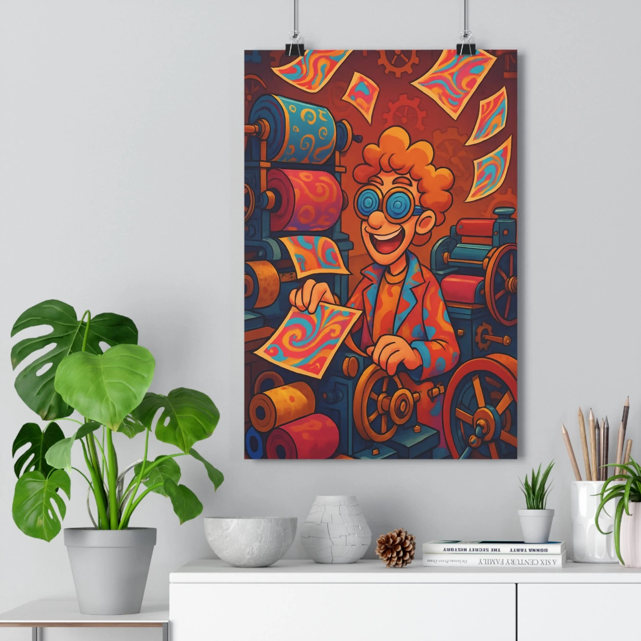 Poster décoratif steampunk cartoon joyeux orange bleu rose salon bureau créatif vibrant coloré unique