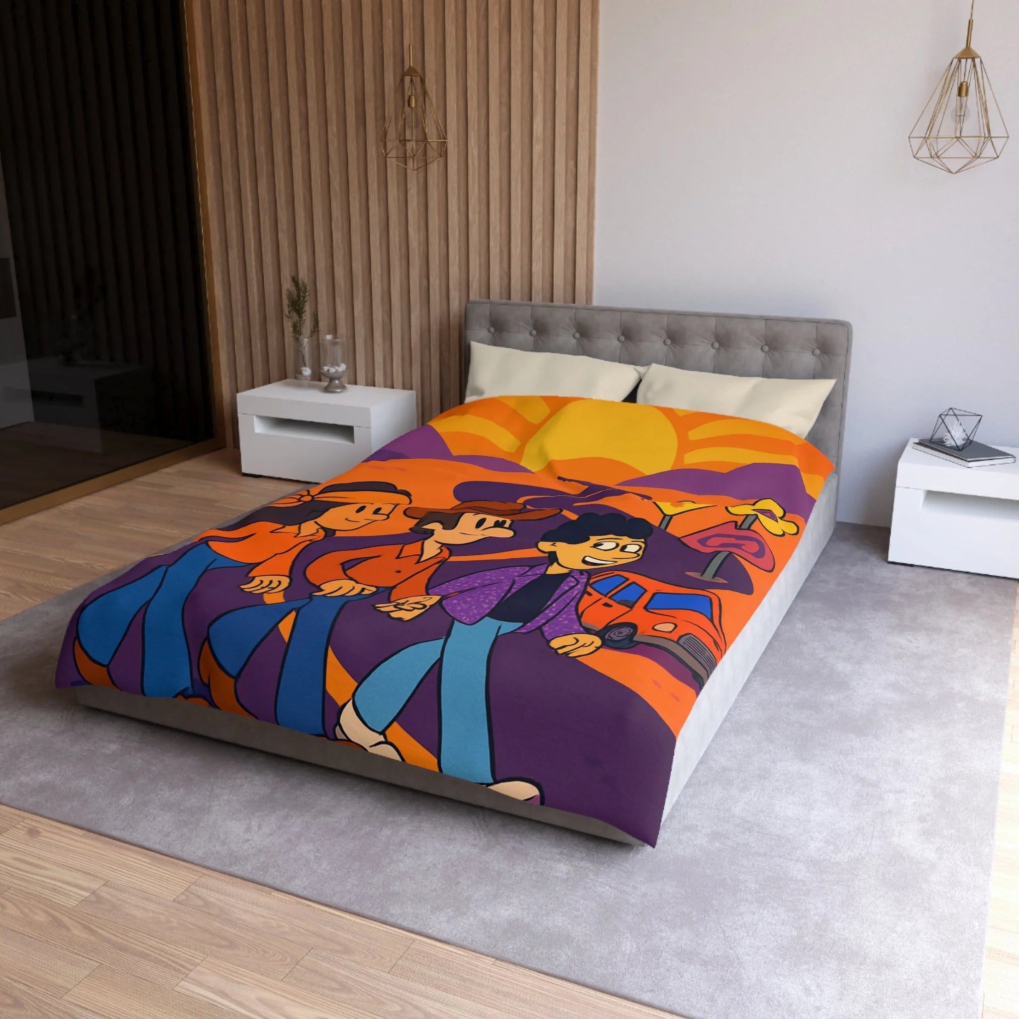 Housse de couette rétro seventies : route orange avec ciel ensoleillé et personnages