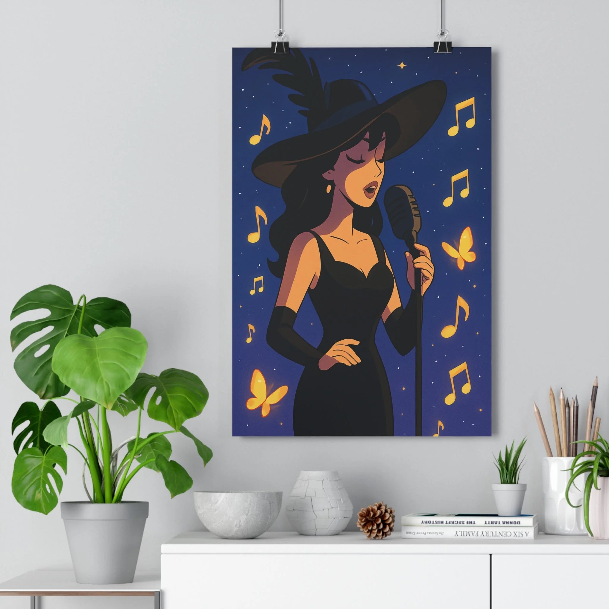 Poster décoratif animé femme chantante mystique noir élégant musical salon chambre tendance unique qualité