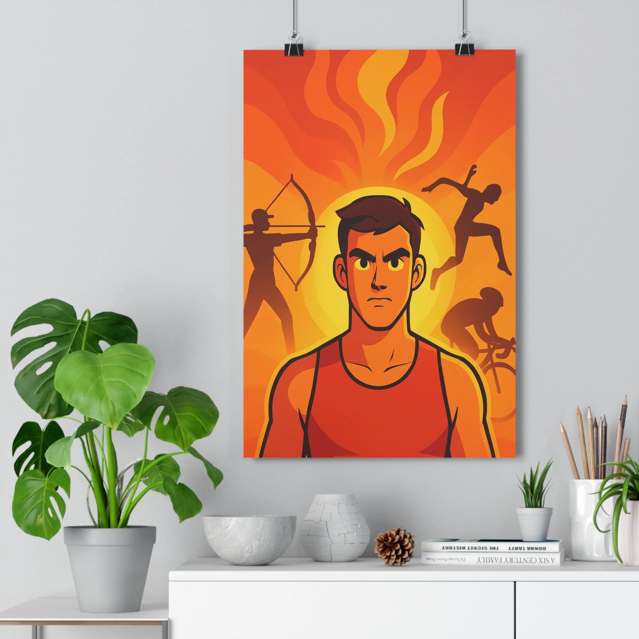 Poster décoratif animé rouge orange bureau dynamisme émotion compétition intensité athlète sportif passion détermination