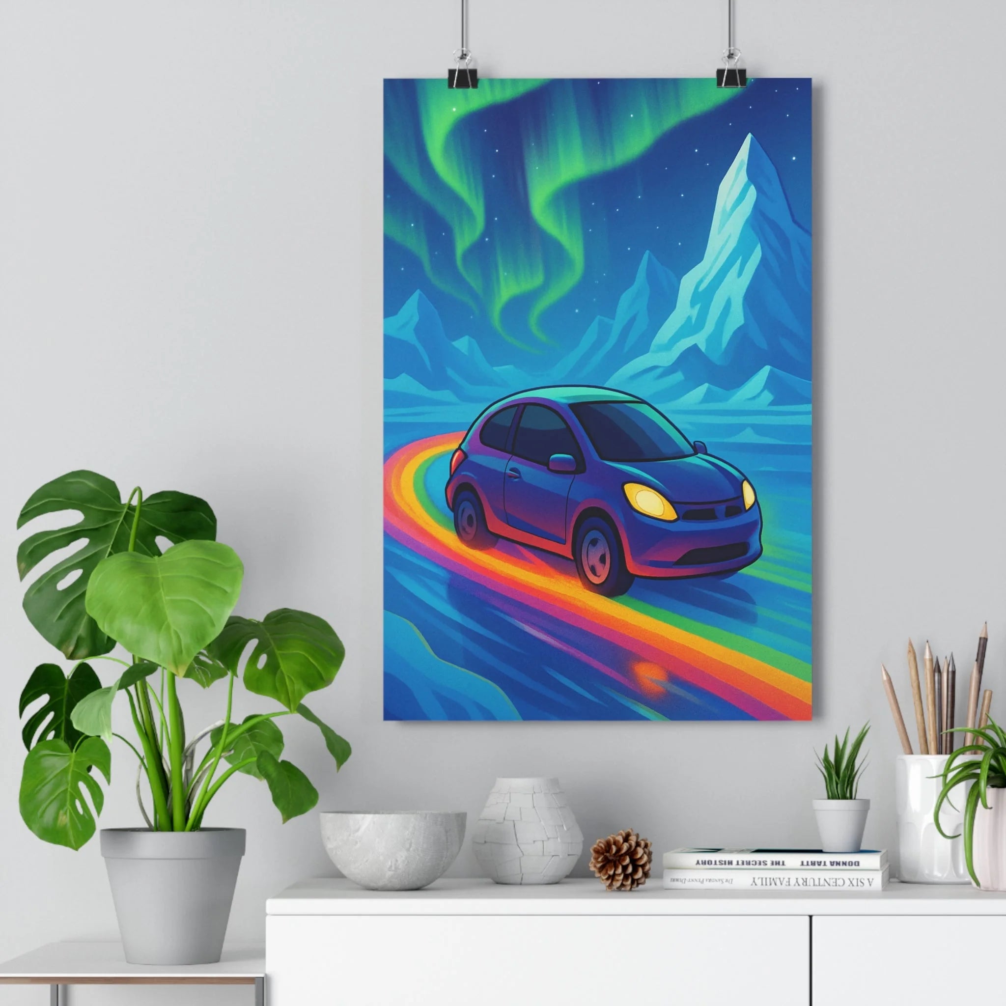 Poster décoratif voiture minimaliste polaire magique aurores boréales montagnes enneigées ambiance sereine intérieur 30x46
