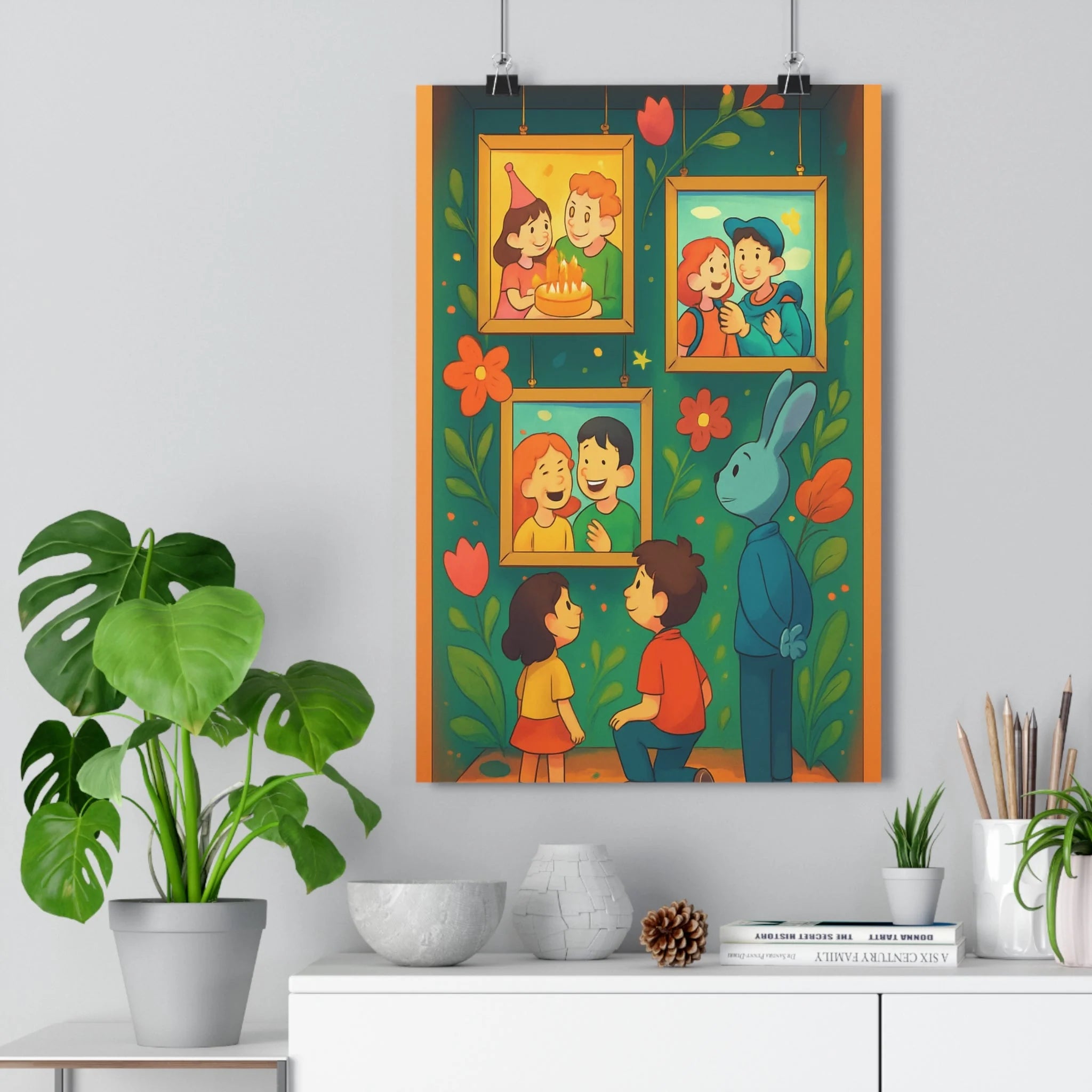 Poster décoratif anime joyeux cadre coloré enfants chambre nature doux poétique vibrant style unique