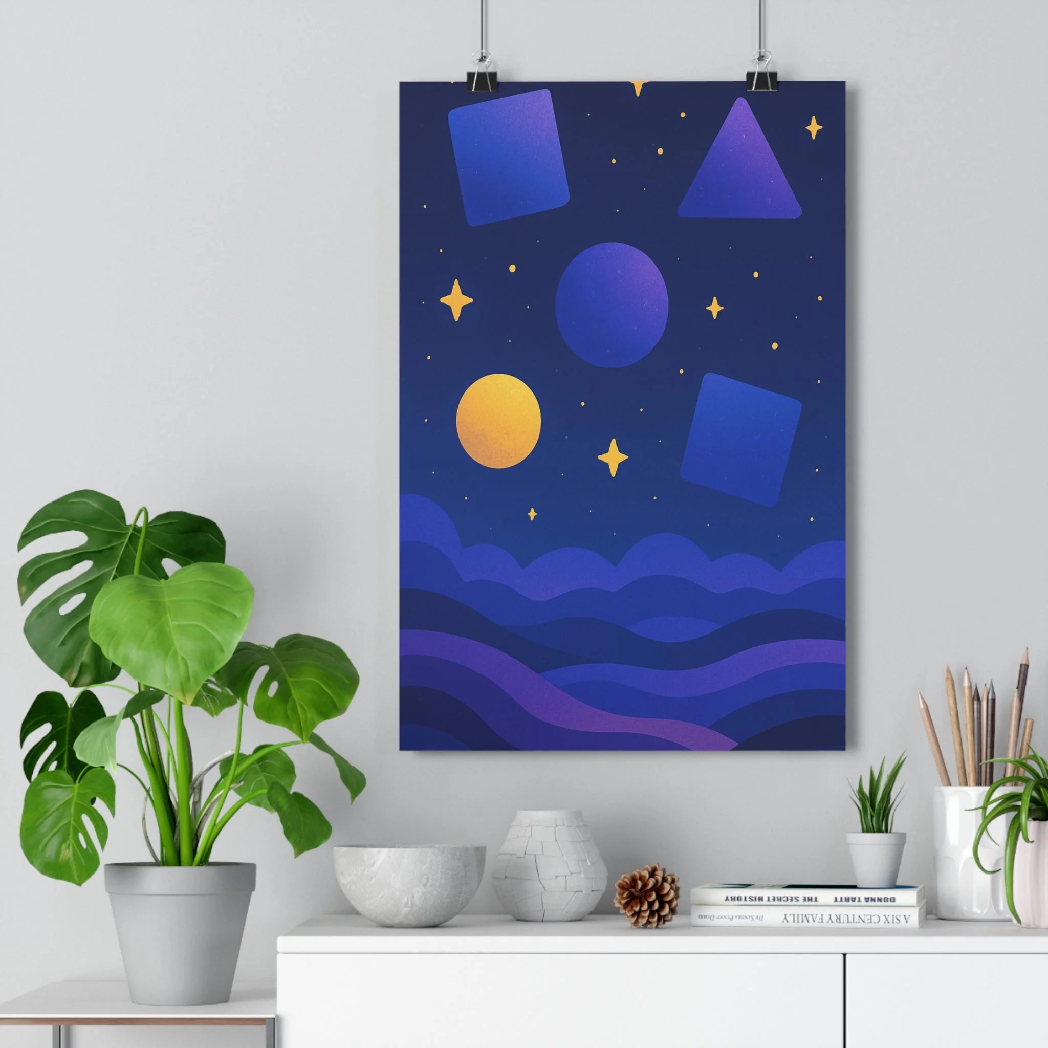 Poster décoratif géométrique pastel bleu violet cartoon apaisant chambre détente moderne 30x46 cm qualité