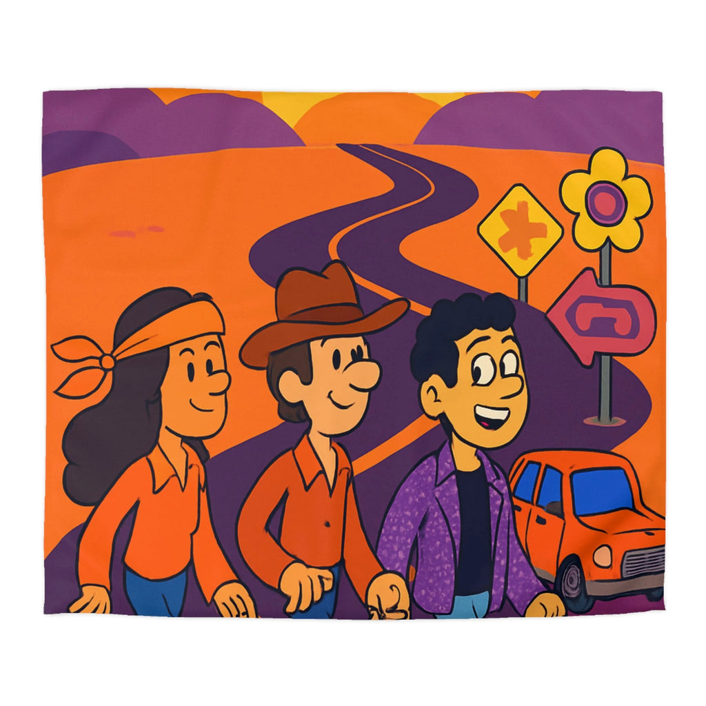 Housse de couette rétro seventies : route orange avec ciel ensoleillé et personnages