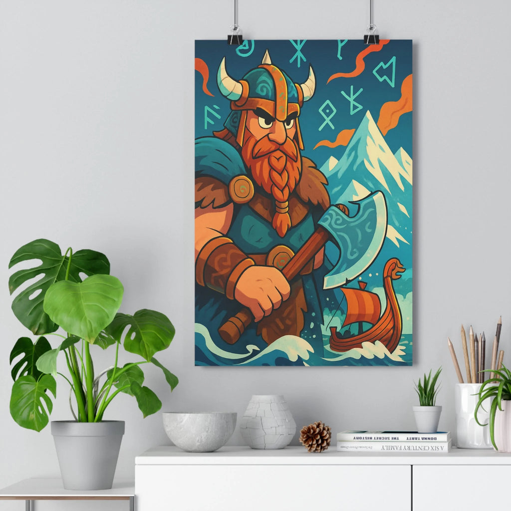 Poster décoratif épique guerrier nordique dessin animé runes drakkar montagne mer chambre salon qualité