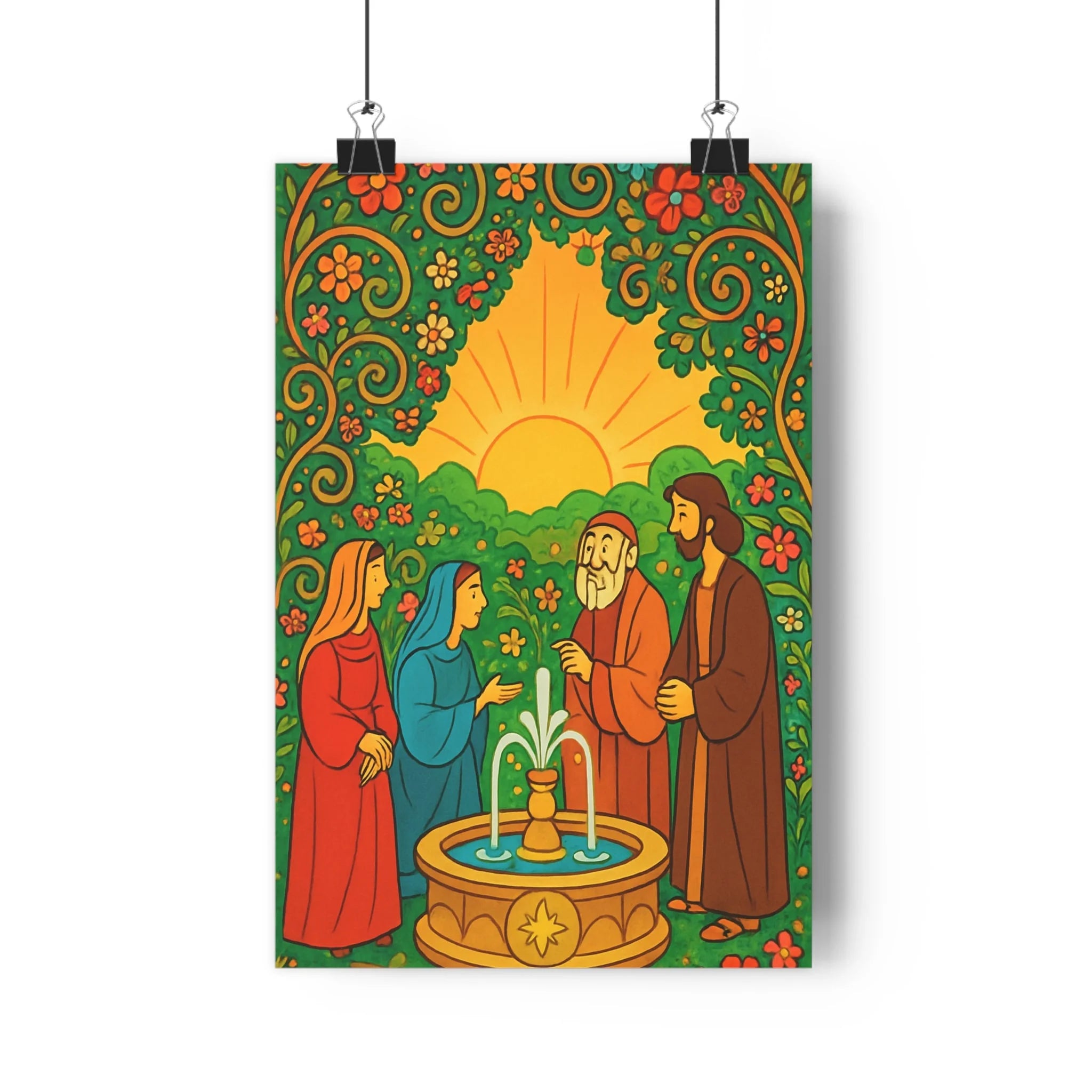 Poster décoratif vibrant vert orange bleu symétrie salon chambre paisible naturel artistique détaillé élégant