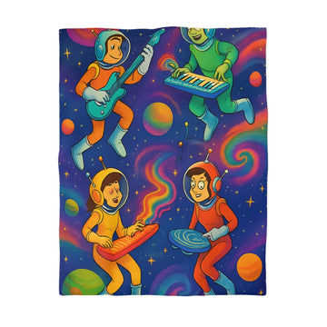 Housse de Couette Spatiale Psychédélique avec Astronautes Musiciens et Planètes Colorées