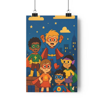 Poster enfants superhéros nuit terrasse ville étoiles nuages capes masques symboles victoire bleu joyeux cartoon chambre salon