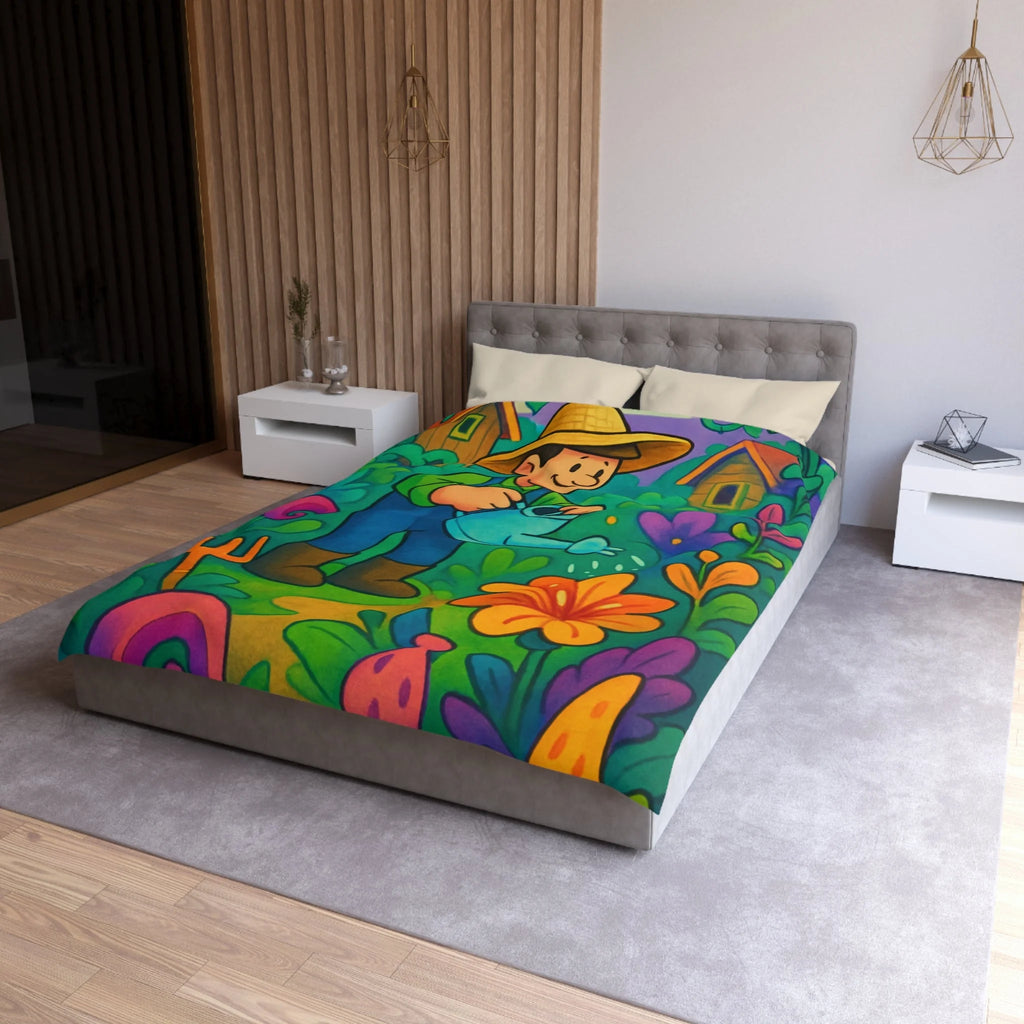 Housse de couette vibrant jardin dessin animé, thème jardinier, ambiance colorée et ludique
