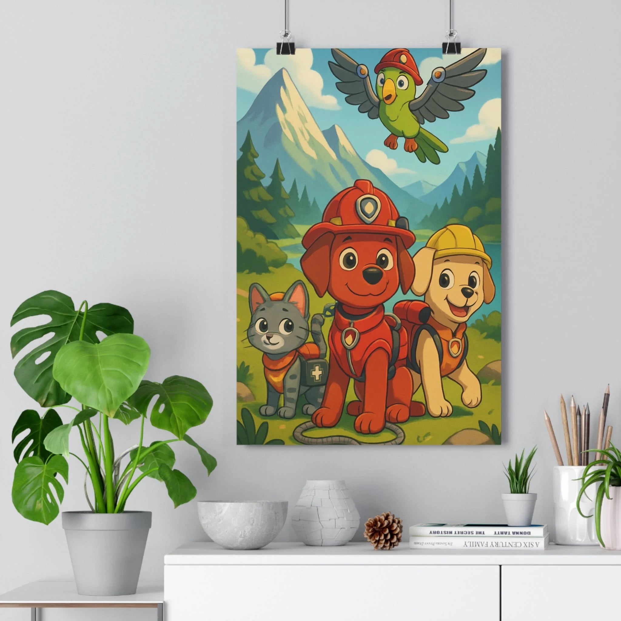 Poster décoratif cartoon joyeux chambre enfant chien chat perroquet rouge jaune vert forêt aventure