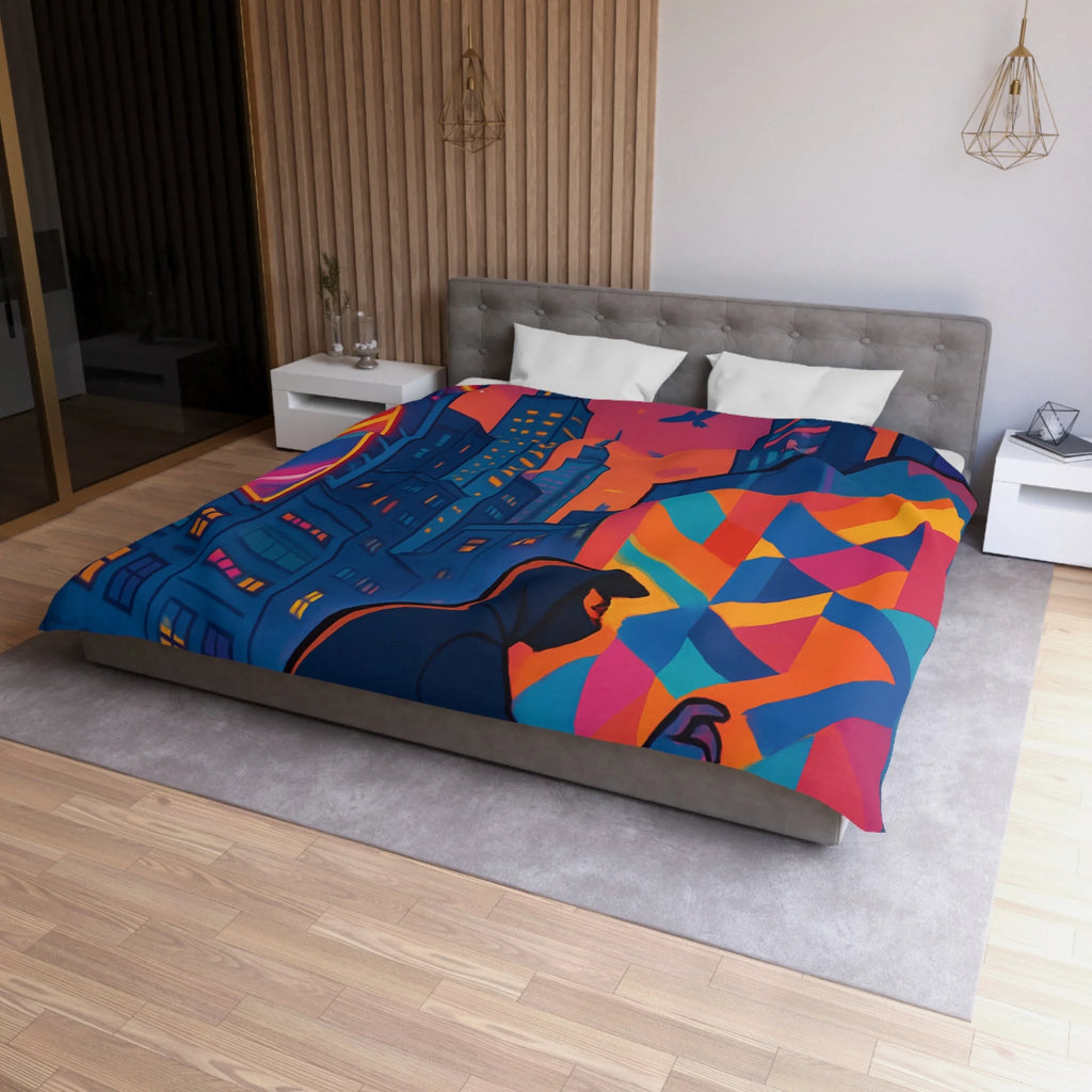 Housse de couette urbaine multicolore graffiti avec gratte-ciel et ciel crépusculaire