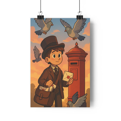 Poster enfant chapeau pigeons nuages roses bleus boîte lettres marron rouge optimiste nostalgie salon chambre doux cartoon