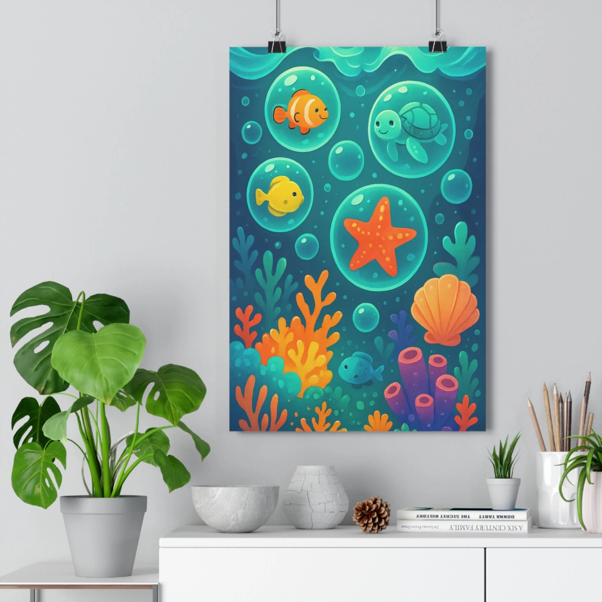 Poster décoratif sousmarin animé joyeux enfants chambre bleu orange corail vibrant atmosphère océan tortue
