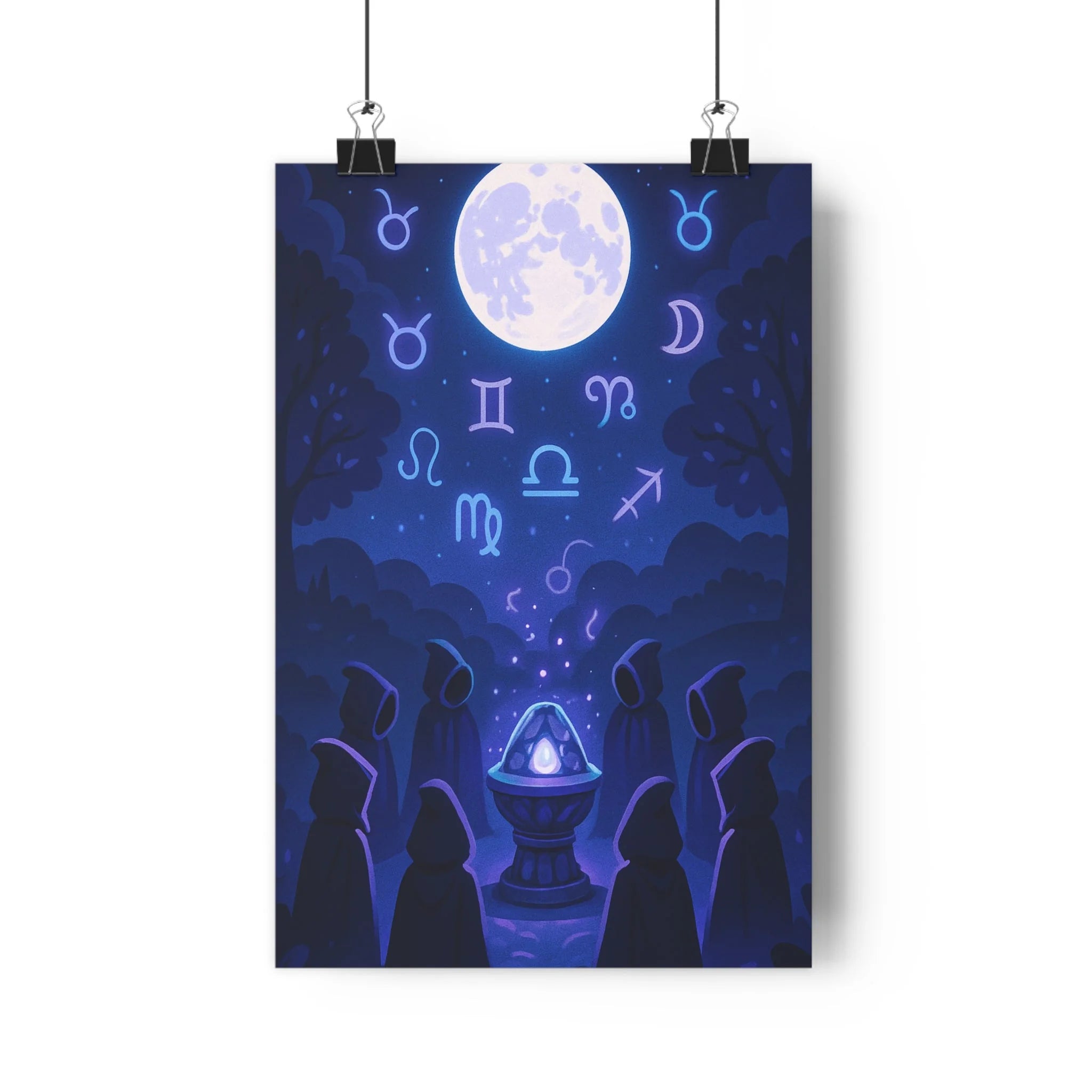 Poster décoratif mystique lune bleu violet anime salon chambre ambiance énigmatique lumineux qualité premium