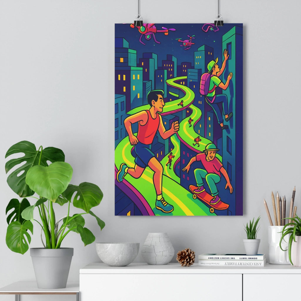 Poster sportif nuit urbaine course escalade skate ombres douces contours nets lumières colorées ambiance festive chemise rouge short bleu casquette