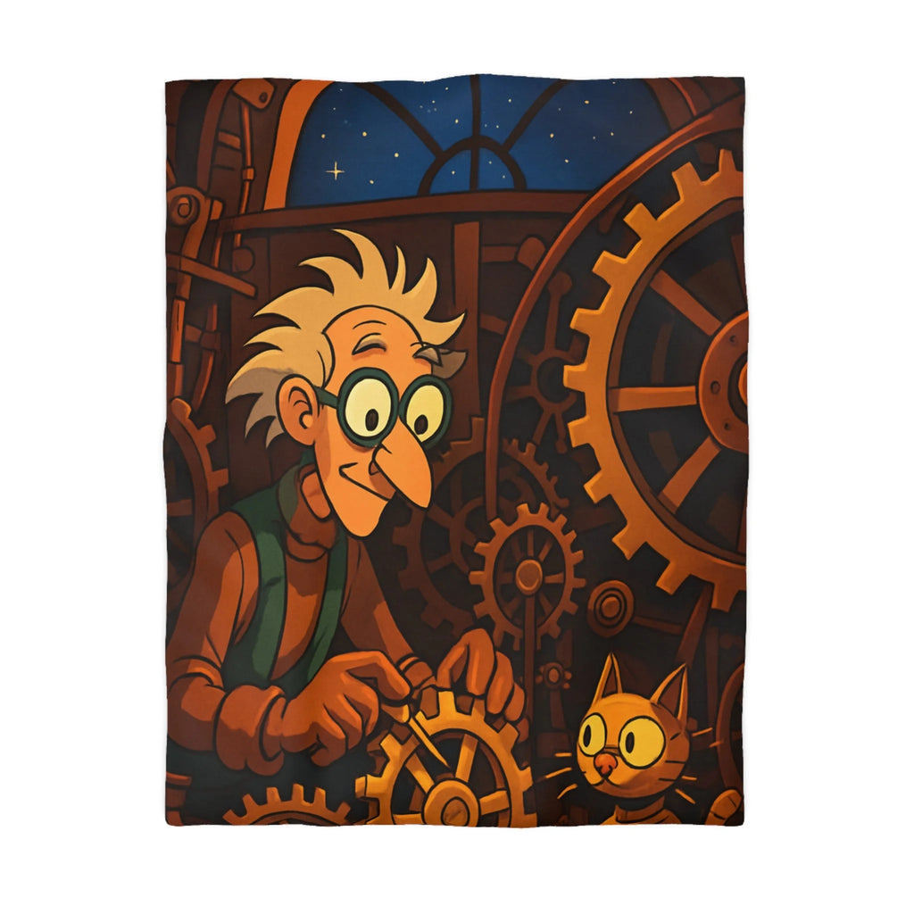 Housse de Couette Steampunk Illustrée avec Inventeur et Chat Curieux dans Atelier Nocturne