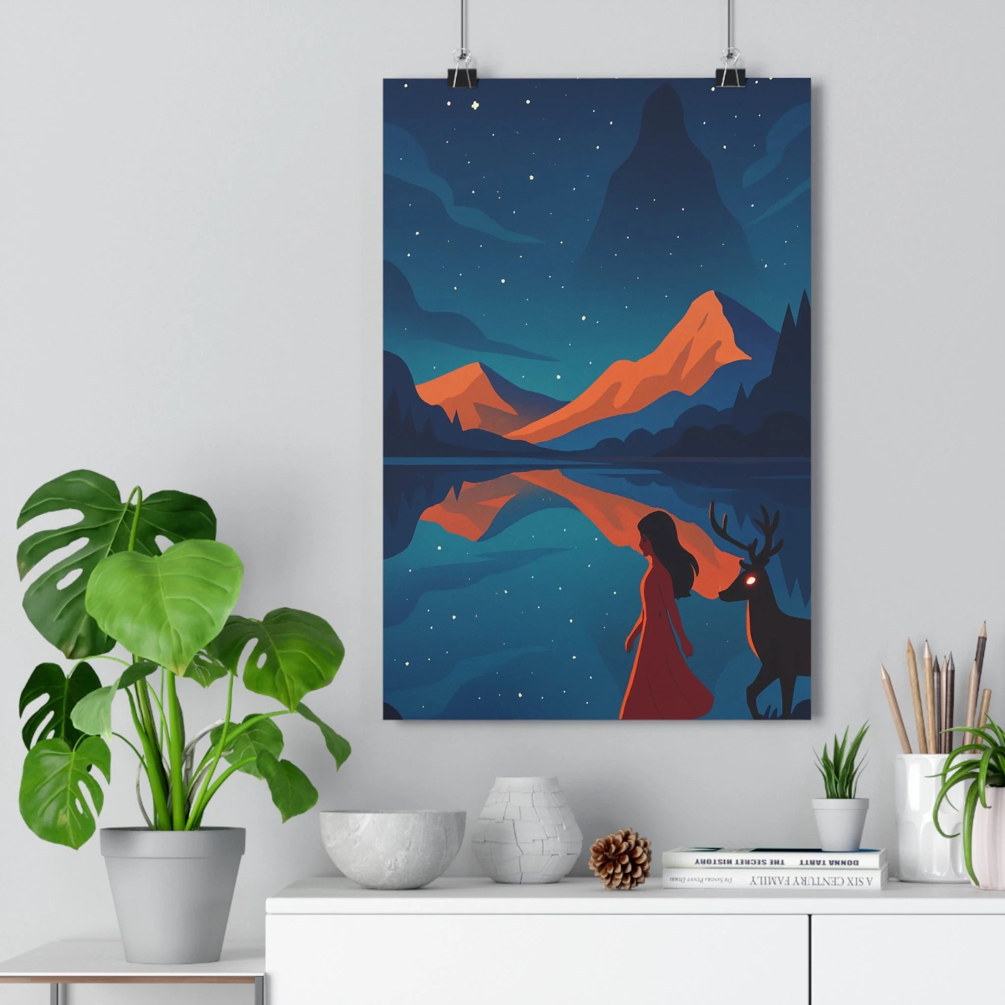 Poster décoratif onirique paysage ciel étoilé bleu orange rêveur salon chambre 30x46 cm qualité
