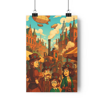 Poster steampunk personnages mécaniques lunettes buildings toits pointus cheminées ballons dirigeables ciel bleu vert brun noir blanc style cartoon détails