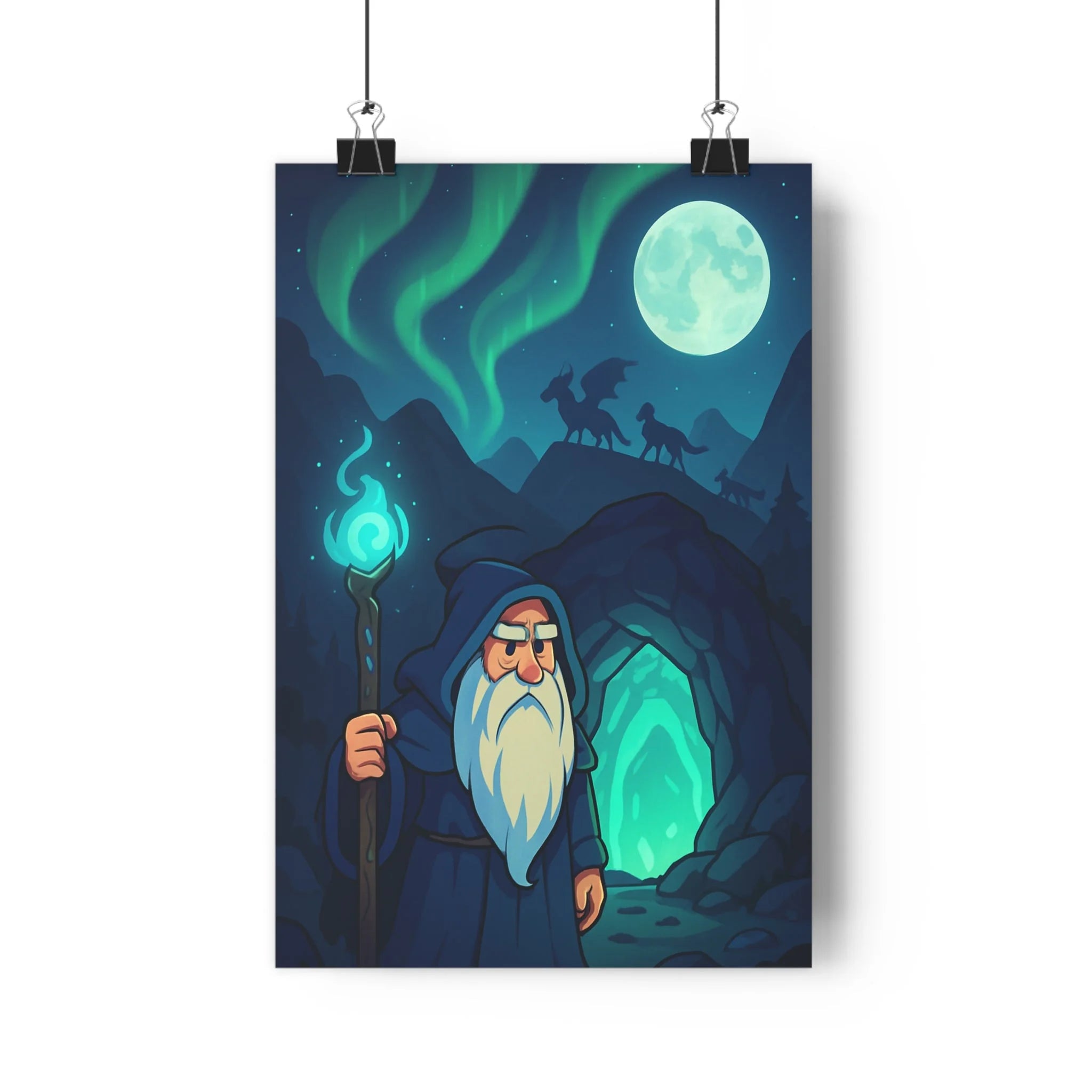 Poster décoratif montagne mystique sorcier fantastique lumineux cartoon ciel étoilé salon chambre ambiance magique