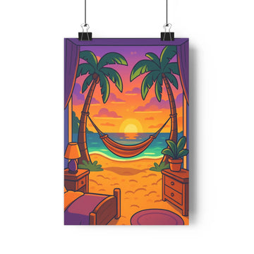Poster tropical plage crépuscule hamac palmiers couchant soleil violet rose ambiance détente moderne sable tables plantes