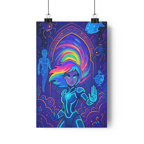 Poster futuriste femmes cheveux multicolores arc-en-ciel géométrie animaux motifs floraux symboles astraux bleu violet jaune lumière moderne élégance mystère énigme