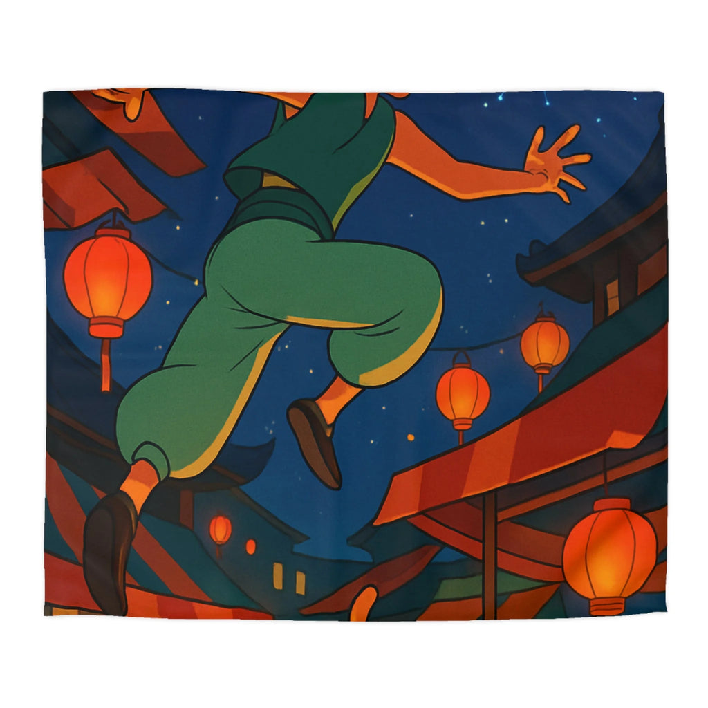 Housse de couette vibrante inspirée d'une scène de marché asiatique nocturne étoilé