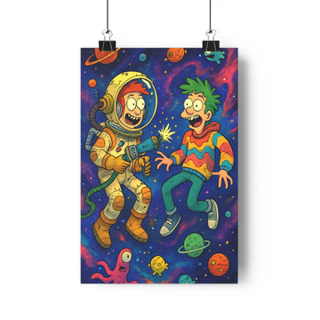 Poster explorateurs multivers couleur bleue rouge verte ambiance joyeuse espace planètes nébuleuses style cartoon chambre salon