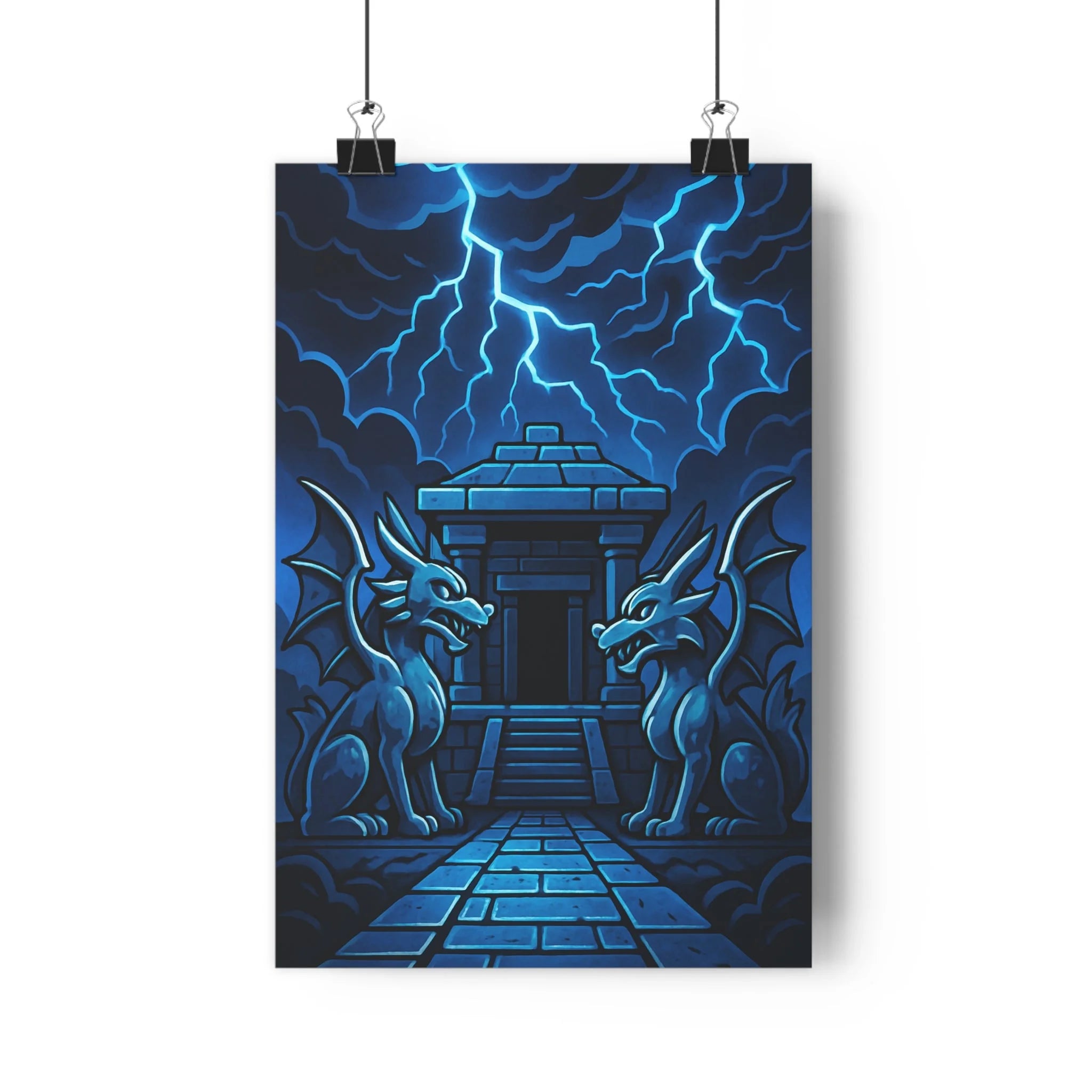 Poster décoratif temple mystique bleu fantastique foudre nuages dragons salon bureau 30x46 cm qualité