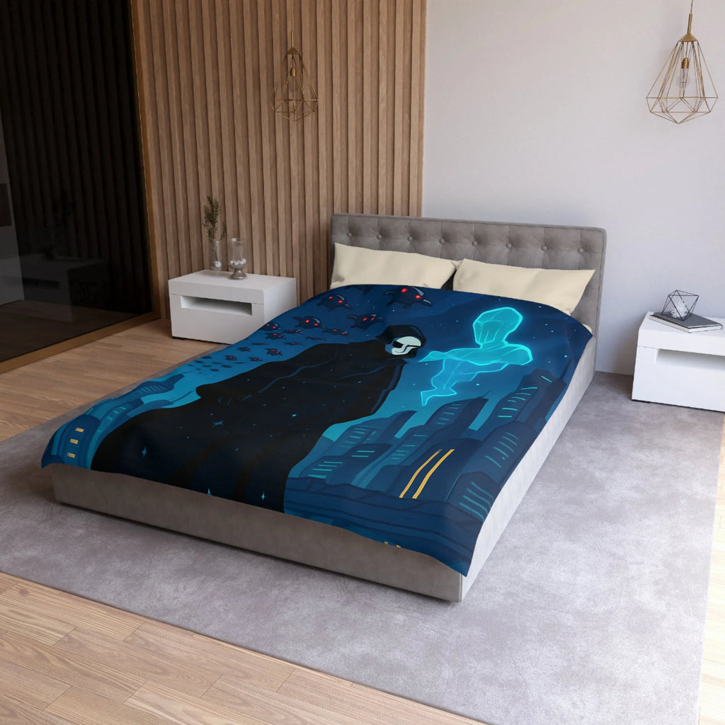 Housse de couette spatiale avec figure masquée et paysage urbain futuriste