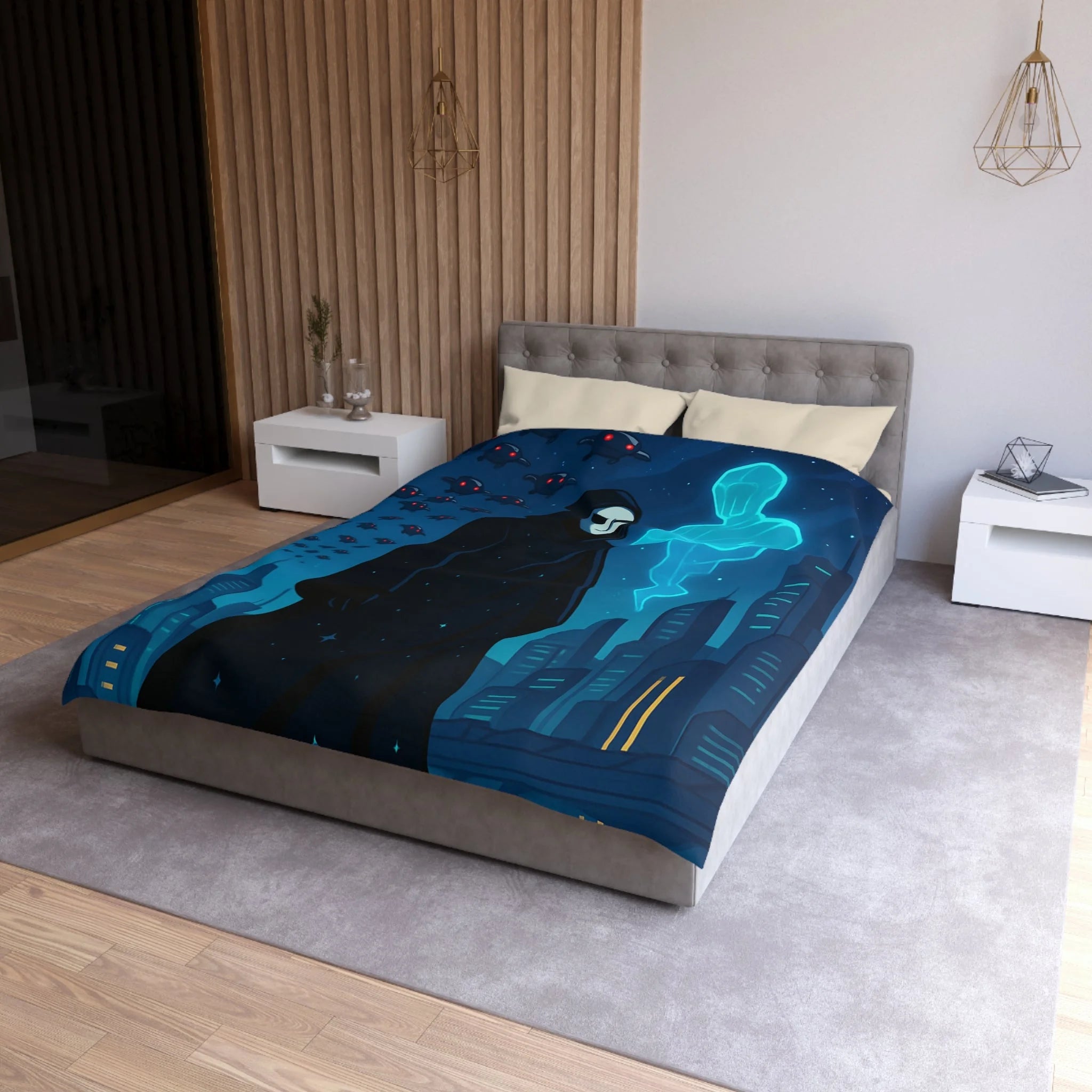 Housse de couette spatiale avec figure masquée et paysage urbain futuriste