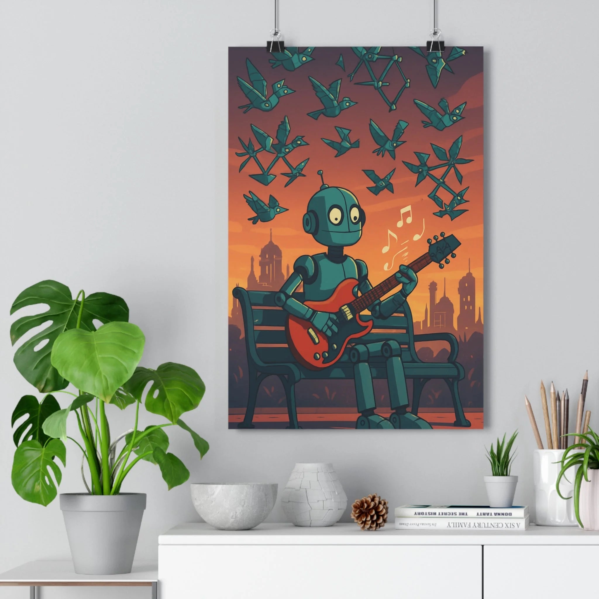 Poster décoratif robot guitare steampunk cyberpunk bleu orange futuriste salon bureau 30x46 rêveur ambiance