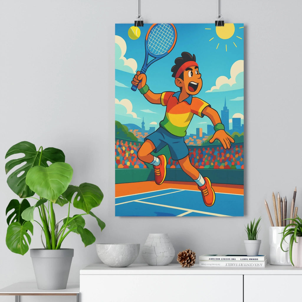 Poster décoratif tennis joueur cartoon énergie vibrant chambre enfant dynamique coloré ciel sportif éclatant