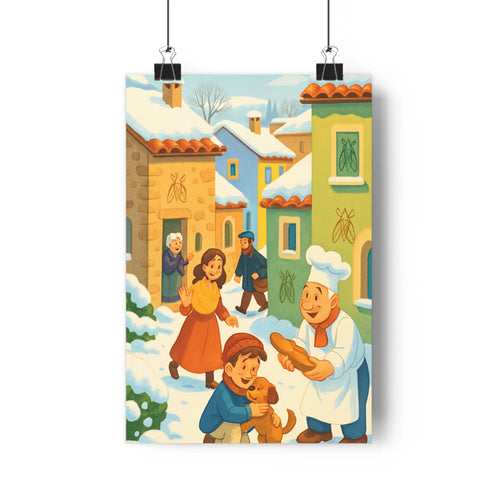 Poster village neige boulanger enfant chien maisons enneigées arbres joyeux cartoon couleurs vives ambiance chaleureuse chambre salon