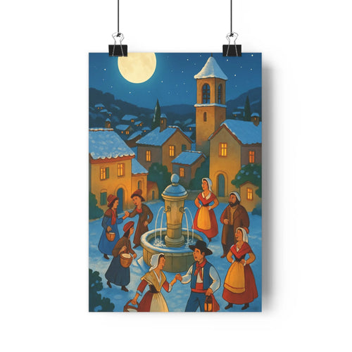 Poster village nocturne personnages robes rouges beiges chapeaux fontaine neige dorée lumières collines arbres bleu nuit ambiance festive traditionnelle chambre