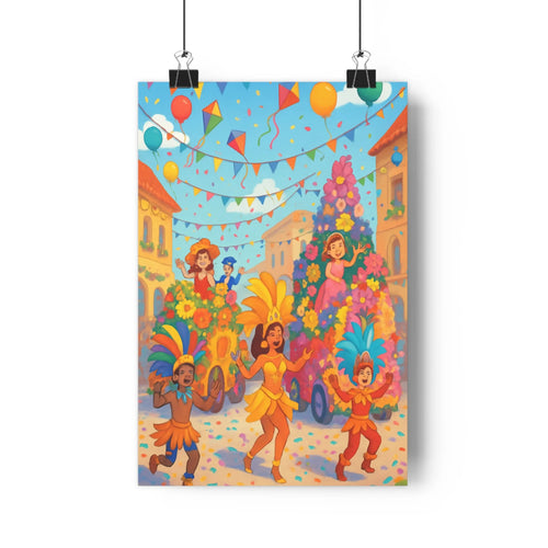 Poster festif groupe danseur costumes colorés plumes guirlandes ballons lanternes arbre fleuri ciel bleu nuages ambiance joyeuse cartoon vibrant salon